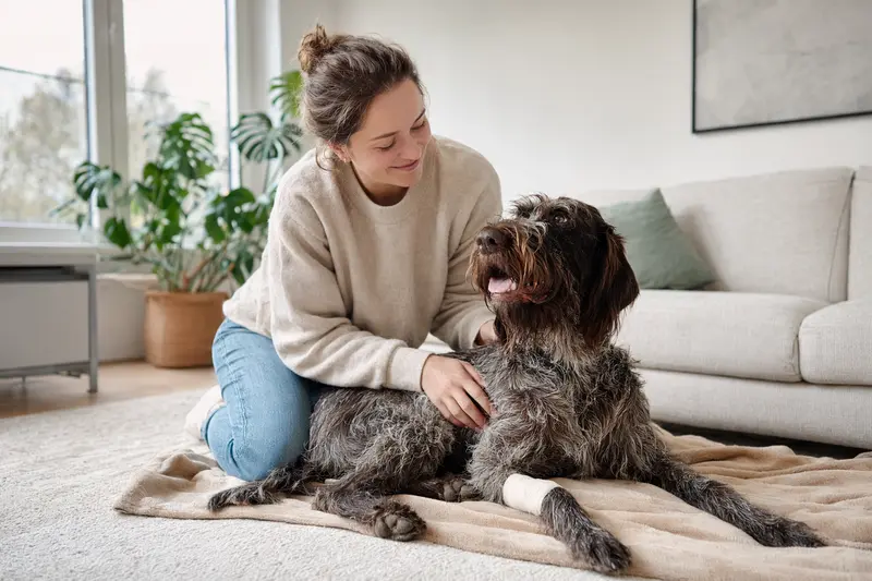 Ein Slowakischer Vorstehhund mit leicht verbundenen Pfoten liegt ruhig auf einer Decke, während sein Besitzer neben ihm erleichtert sitzt.