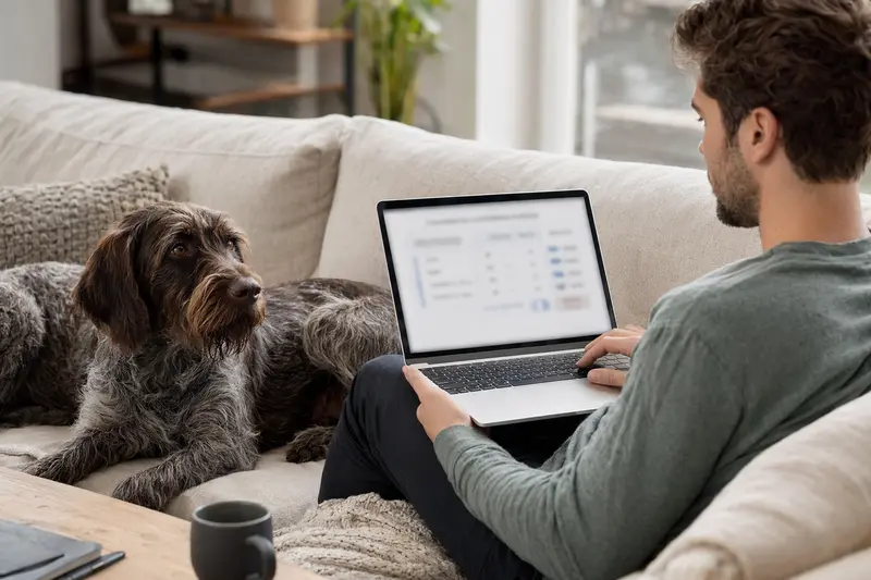 Ein Hundebesitzer arbeitet mit einem Laptop auf dem Sofa, während ein Slowakischer Vorstehhund neben ihm sitzt.