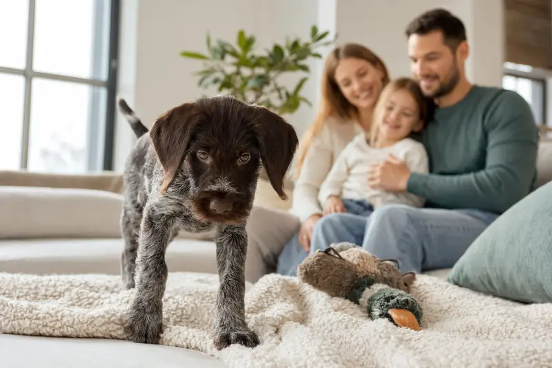 Ein junger Slowakischer Vorstehhund-Welpe entdeckt neugierig sein neues Zuhause in einer hellen Wohnung mit weicher Decke und Spielzeug, während seine Familie im Hintergrund steht.