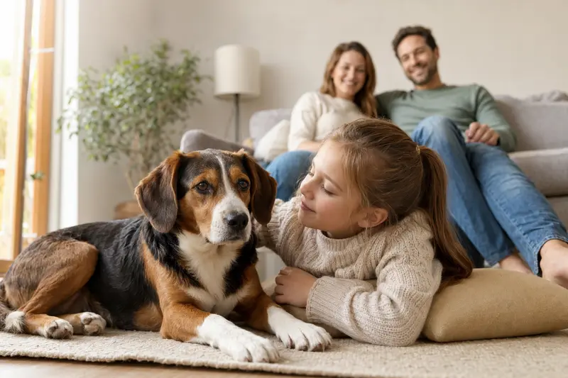 Ein Smaland-Bracke Hund liegt entspannt neben einem Kind im hellen Wohnzimmer einer Familie.