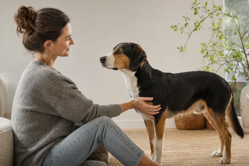 Ein Smaland-Bracke Hund steht aufmerksam vor hellem Hintergrund und zeigt in einem professionellen Tierportrait seine typische Körperform und Fellstruktur.