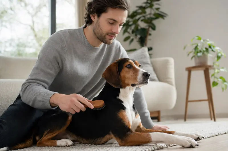 Ein Smaland-Bracke Hund wird in einer hellen Wohnung sanft gebürstet, während sein Besitzer die Fellpflege aufmerksam und liebevoll übernimmt.
