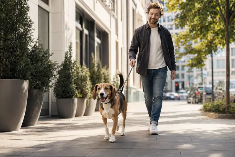 Ein Smaland-Bracke Hund läuft entspannt an der Leine mit seinem Besitzer durch eine moderne Stadtstraße.