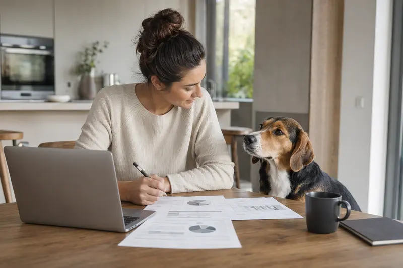 Ein Smaland-Bracke Hund sitzt ruhig neben seinem Besitzer am Küchentisch mit Versicherungsunterlagen und Laptop zur Hundeversicherung.