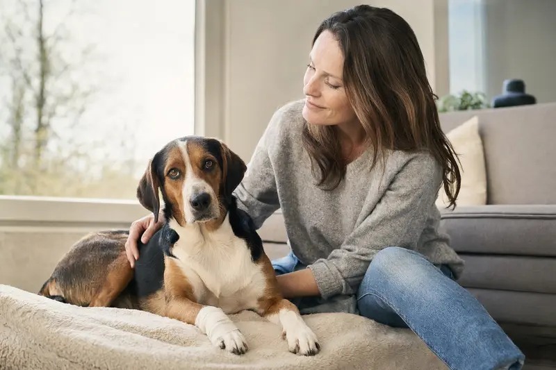 Ein Smaland-Bracke Hund mit Verband an der Pfote liegt ruhig auf einer Decke, während sein Besitzer erleichtert neben ihm sitzt.