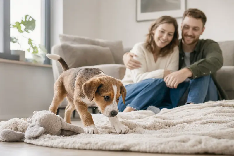 Ein junger Smaland-Bracke Welpe erkundet neugierig sein neues Zuhause in einer hellen Wohnung mit weicher Decke und Spielzeug, während seine Familie im Hintergrund liebevoll zusieht.