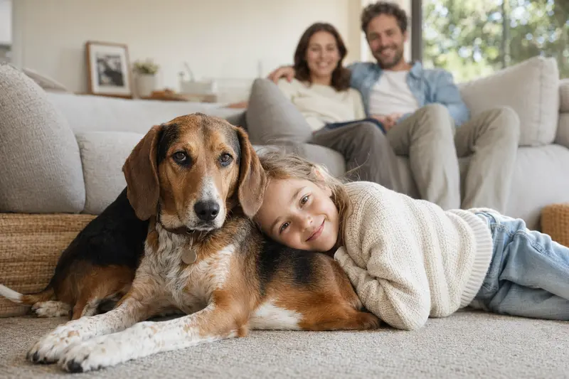 Ein freundlicher Smaland-Laufhund liegt entspannt neben einem Kind im hellen Wohnzimmer, während die Eltern im Hintergrund eine sichere Familienatmosphäre schaffen.