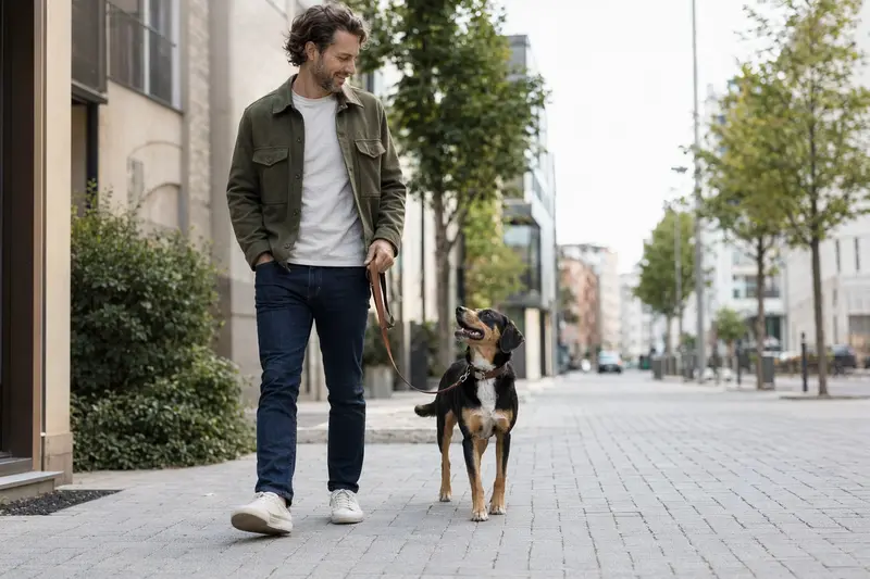 Ein Smaland-Laufhund läuft an der Leine mit seinem Besitzer durch eine moderne Stadtstraße.