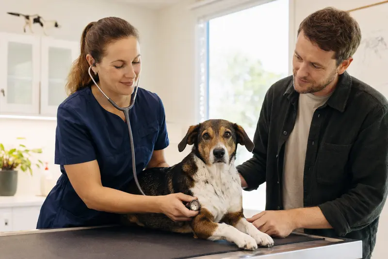 Eine Tierärztin untersucht einen ruhigen Smaland-Laufhund auf dem Behandlungstisch in einer modernen Tierarztpraxis, während der Besitzer beruhigend daneben steht.