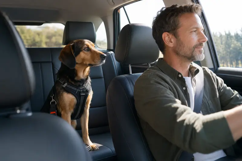 Ein Smaland-Laufhund sitzt sicher angeschnallt auf der Rückbank eines Autos, während der Besitzer ruhig fährt und Sonnenlicht durch das Fenster fällt.