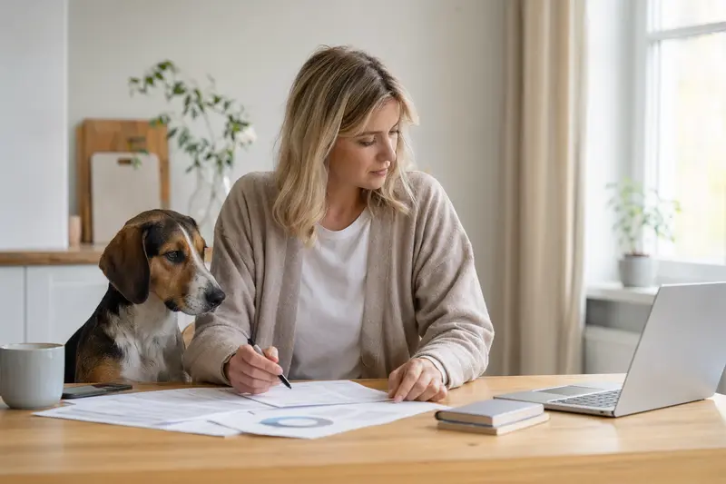 Ein Smaland-Laufhund sitzt ruhig neben seinem Besitzer am Küchentisch mit Versicherungsunterlagen und einem Laptop zu einer Tierkrankenversicherung.