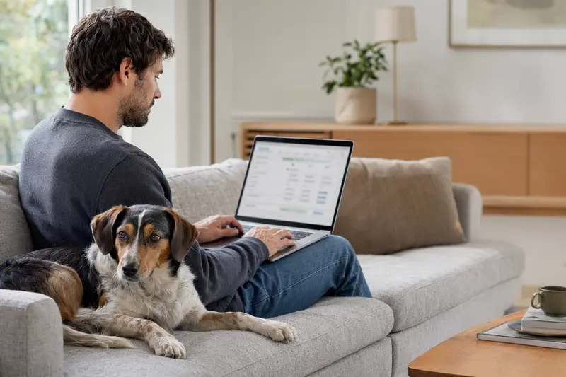 Ein Hundebesitzer sitzt mit Laptop auf dem Sofa, während ein Smaland-Laufhund neben ihm liegt, und zeigt eine Versicherungsvergleichsseite.