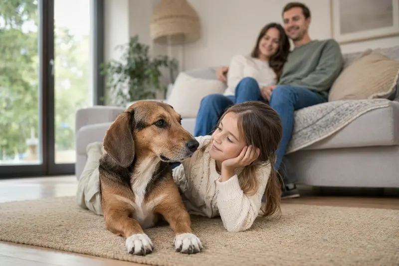Ein Smalandsstövare liegt entspannt neben einem Kind im hellen Wohnzimmer, während die Eltern im Hintergrund für eine sichere Familienatmosphäre sorgen.