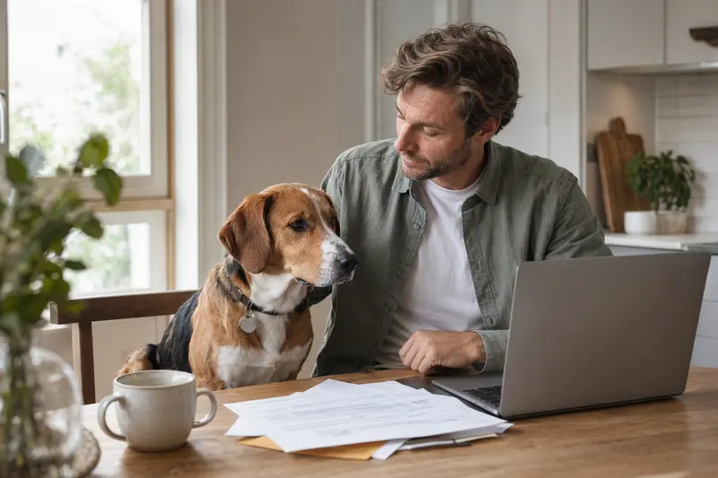 Ein Smalandsstövare sitzt ruhig neben seinem Besitzer am Küchentisch mit Versicherungsunterlagen und Laptop zur Tierkrankenversicherung.