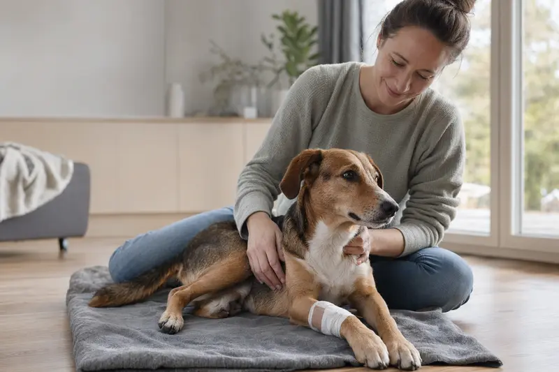 Ein Smalandsstövare mit leichtem Verband an der Pfote liegt ruhig auf einer Decke neben seinem erleichterten Besitzer in einer hellen Wohnung.