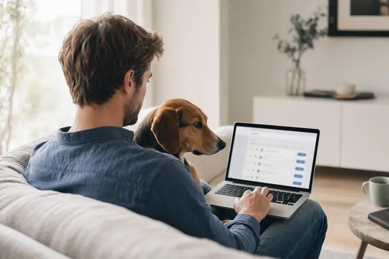 Ein Hundebesitzer arbeitet entspannt am Laptop auf dem Sofa, während ein Smalandsstövare neben ihm sitzt und eine Versicherungsvergleichsseite zeigt.