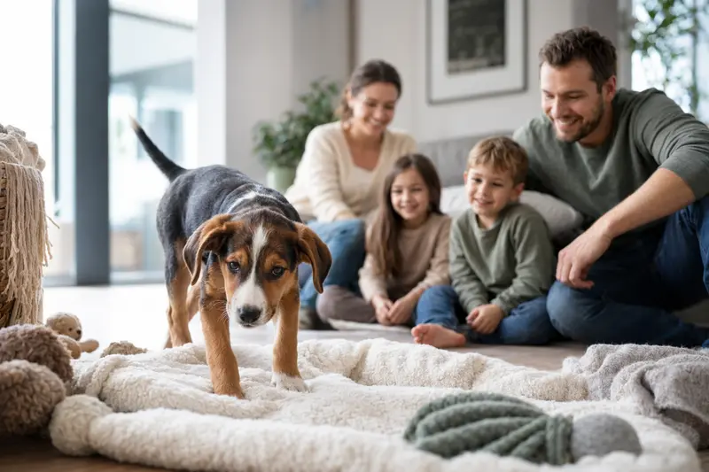 Ein junger Smalandsstövare Welpe entdeckt neugierig sein neues Zuhause auf einer weichen Decke neben Spielzeug.
