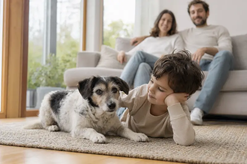 Ein freundlicher Small Greek Domestic Dog liegt entspannt neben einem Kind im hellen Wohnzimmer, während die Eltern im Hintergrund eine sichere Familienatmosphäre schaffen.