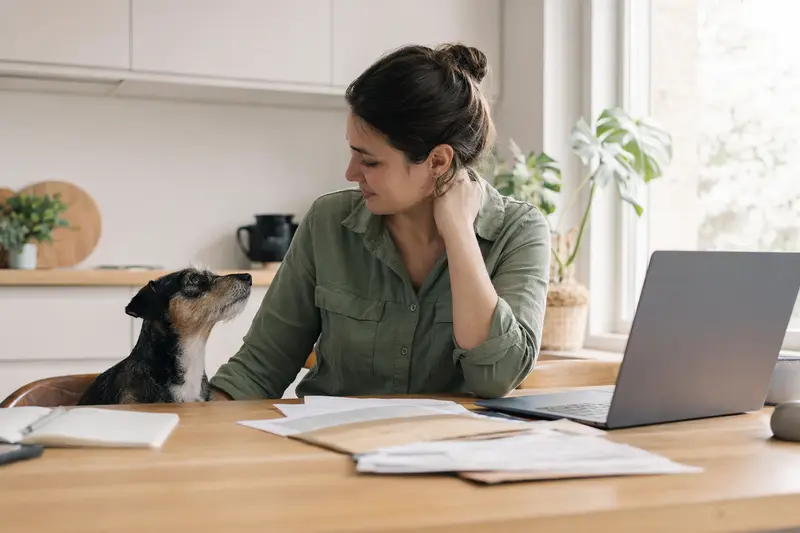 Ein Small Greek Domestic Dog sitzt ruhig neben seinem Besitzer am Küchentisch, während Versicherungsunterlagen und ein Laptop mit einer neutralen Vergleichsseite für die Tierkrankenversicherung ausliegen.