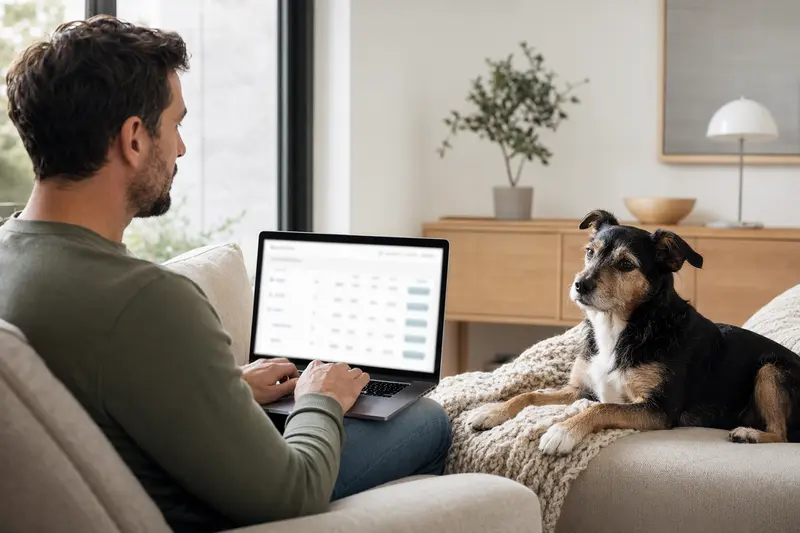 Ein Hundebesitzer sitzt entspannt mit Laptop auf dem Sofa, während sein kleiner griechischer Haushund daneben liegt.