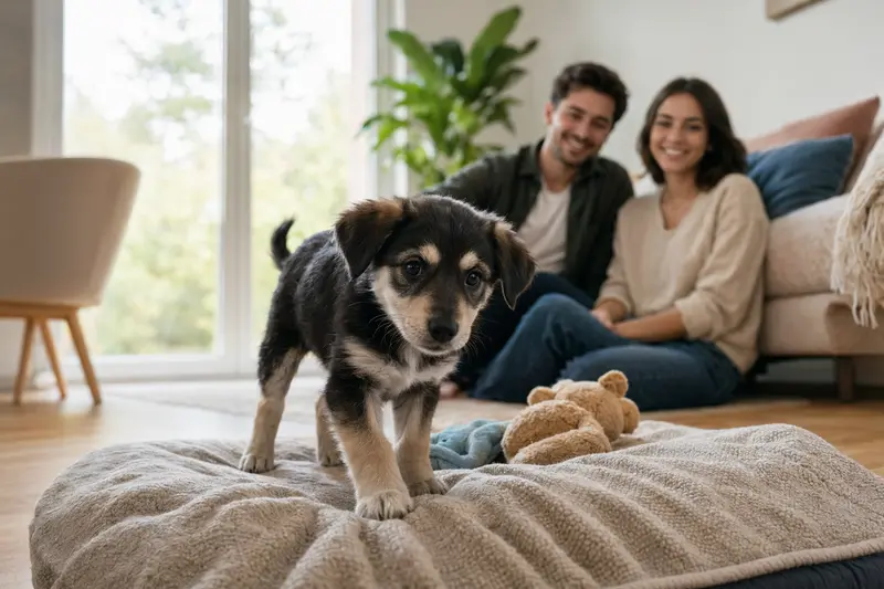 Ein neugieriger Small Greek Domestic Dog Welpe erkundet sein neues Zuhause auf einer weichen Decke in heller Wohnung.