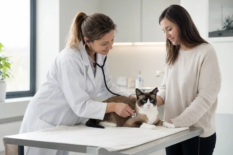 Eine ruhige Snowshoe Katze auf einem Untersuchungstisch wird behutsam von einer Tierärztin untersucht, während der Besitzer beruhigend daneben steht.