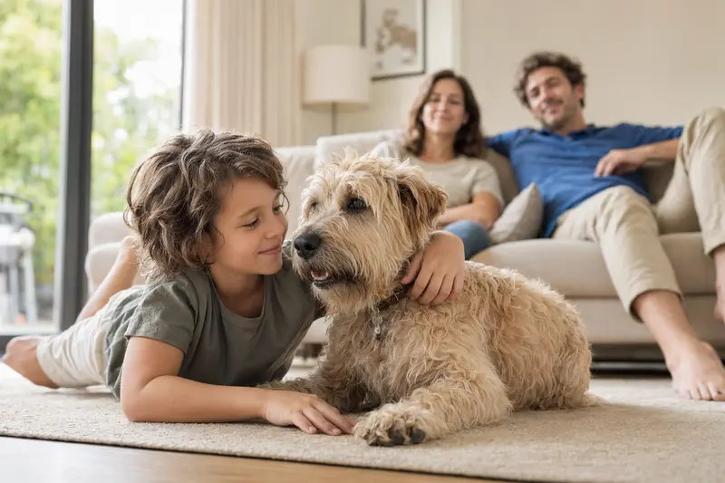 Ein Soft-Coated Wheaten Terrier liegt entspannt neben einem Kind im hellen Wohnzimmer, während die Eltern im Hintergrund eine sichere Familienatmosphäre ausstrahlen.