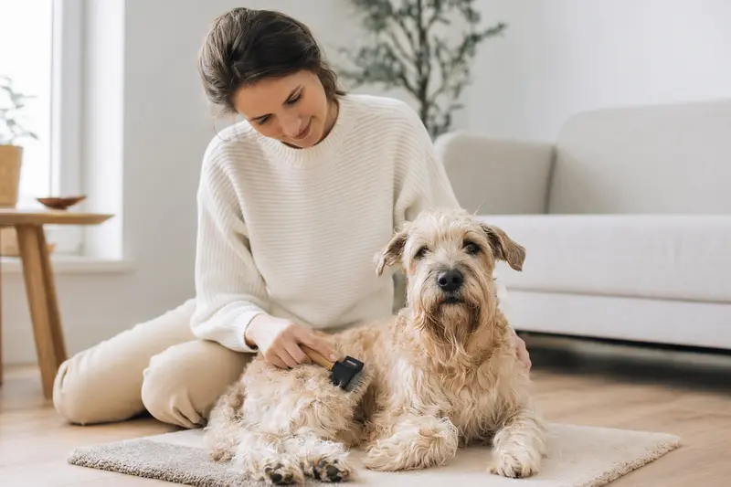 Ein Soft-Coated Wheaten Terrier wird in einer hellen Wohnung sanft gebürstet, während sich sein Besitzer liebevoll um die Fellpflege kümmert.
