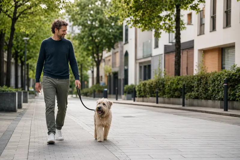 Ein Soft-Coated Wheaten Terrier läuft an der Leine mit seinem Besitzer durch eine moderne Stadtstraße.