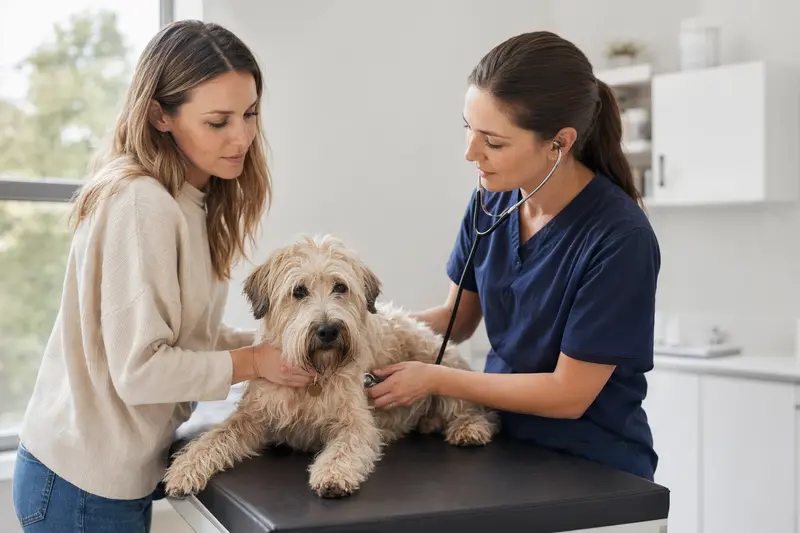 Eine Tierärztin untersucht einen ruhigen Soft-Coated Wheaten Terrier in einer modernen Tierarztpraxis, während der Besitzer beruhigend danebensteht.