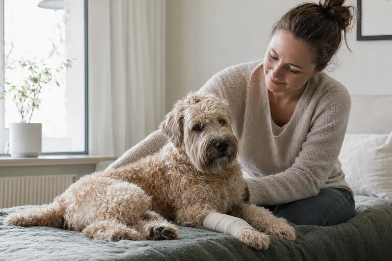 Ein Soft-Coated Wheaten Terrier mit leicht verbundenem Pfötchen liegt ruhig auf einer Decke, während sein Besitzer erleichtert neben ihm sitzt.