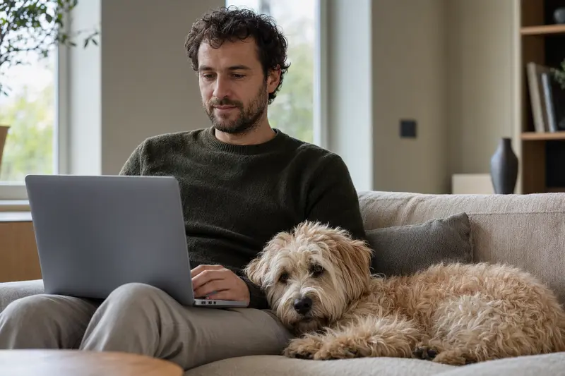 Ein Hundebesitzer mit einem Soft-Coated Wheaten Terrier sitzt entspannt auf dem Sofa und vergleicht online Tierversicherungen.