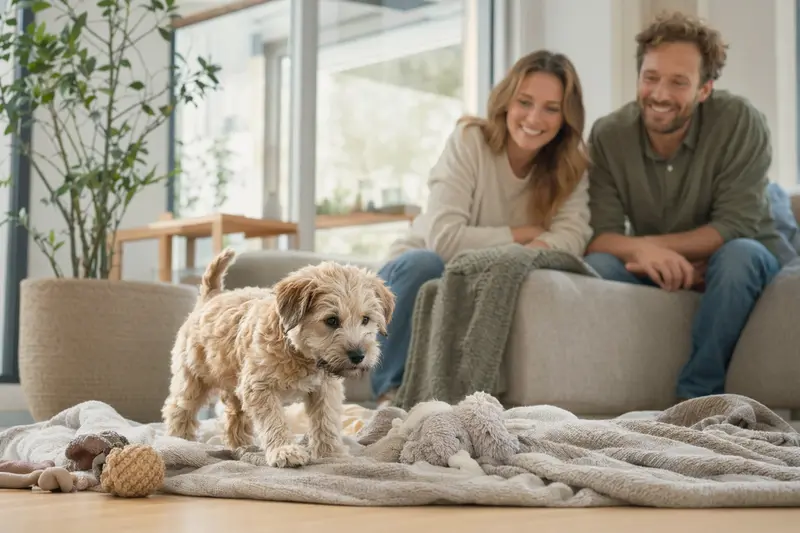Ein junger Soft-Coated Wheaten Terrier Welpe erkundet neugierig sein neues Zuhause mit weicher Decke und Spielzeug in einer hellen Wohnung, während seine Familie im Hintergrund zu sehen ist.