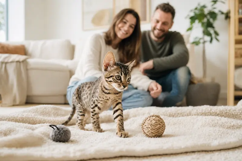 Ein neugieriges Sokoke Katzen Kitten entdeckt liebevoll sein neues Zuhause mit Spielzeug und einer weichen Decke.