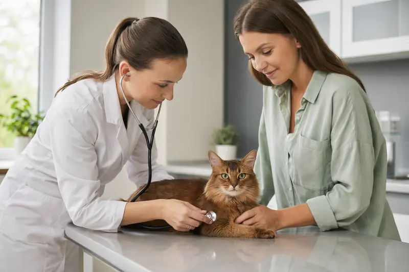 Ruhige Somali Katze wird behutsam von einer Tierärztin mit Stethoskop untersucht, während der Besitzer beruhigend daneben steht.