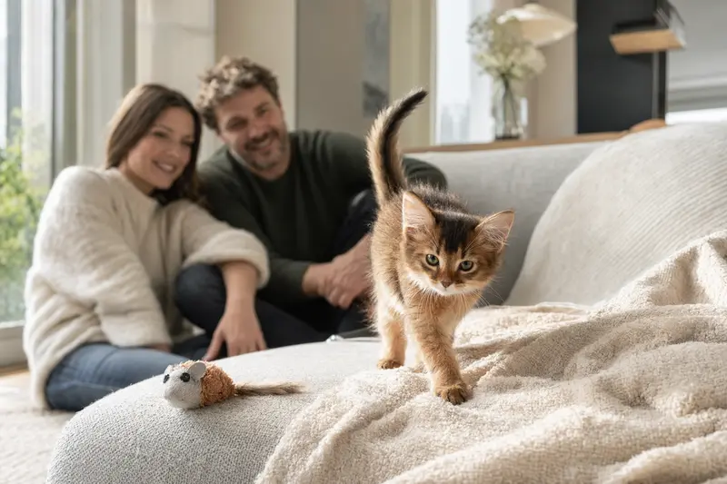 Ein neugieriges Somali Katzen Kitten entdeckt seine neue Umgebung mit einer weichen Decke und Spielzeug.