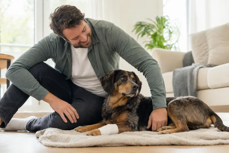 Ein Somerset Harrier Hund mit leicht verbundenem Pfötchen liegt ruhig auf einer Decke, während sein Besitzer erleichtert neben ihm sitzt.
