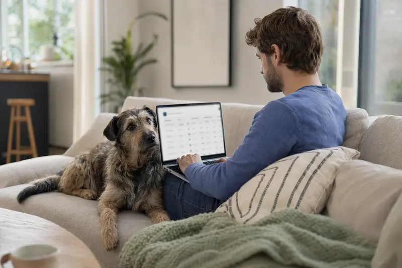 Ein Hundebesitzer arbeitet am Laptop auf dem Sofa, neben ihm liegt ein Somerset Harrier, während er Versicherungsoptionen vergleicht.
