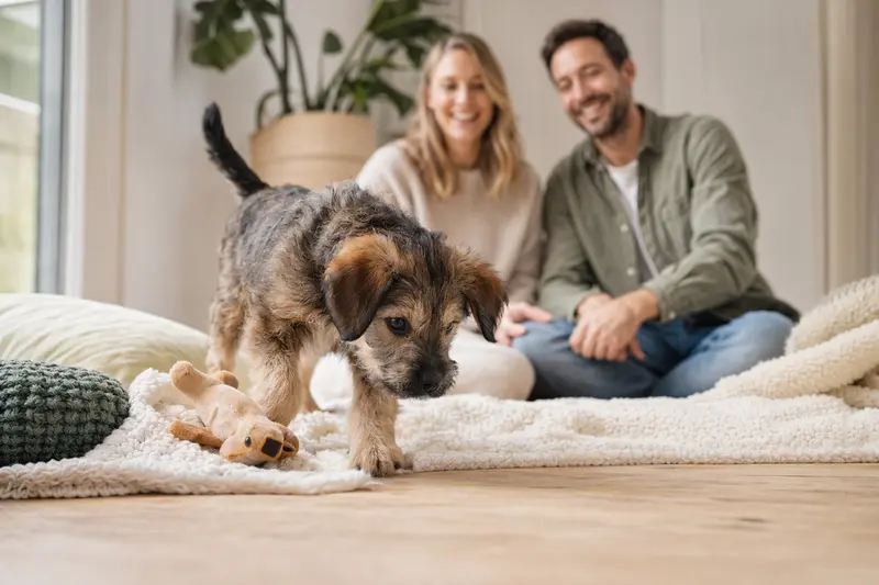 Ein junger Somerset Harrier Welpe erkundet neugierig sein neues Zuhause in einer hellen Wohnung mit weicher Decke und Spielzeug, während seine Familie im Hintergrund steht.