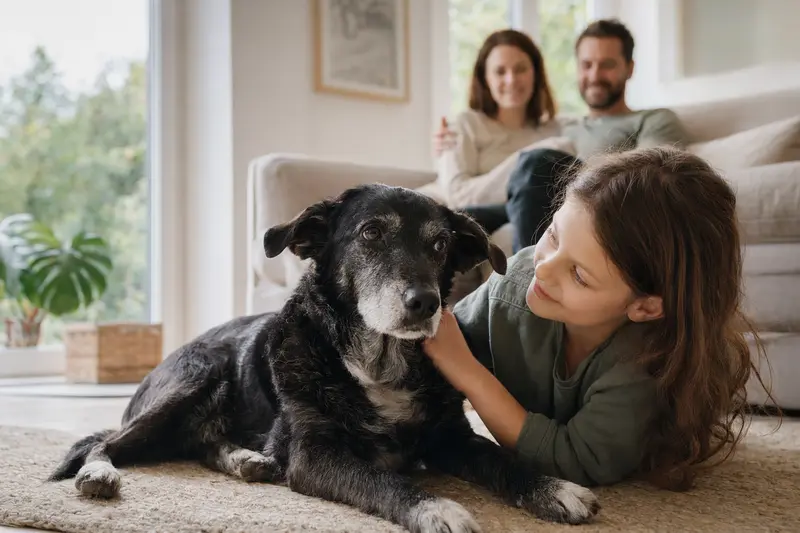 Ein freundlicher Sort Dyrehund liegt entspannt neben einem Kind im Wohnzimmer, während die Eltern im Hintergrund eine sichere Familienatmosphäre schaffen.