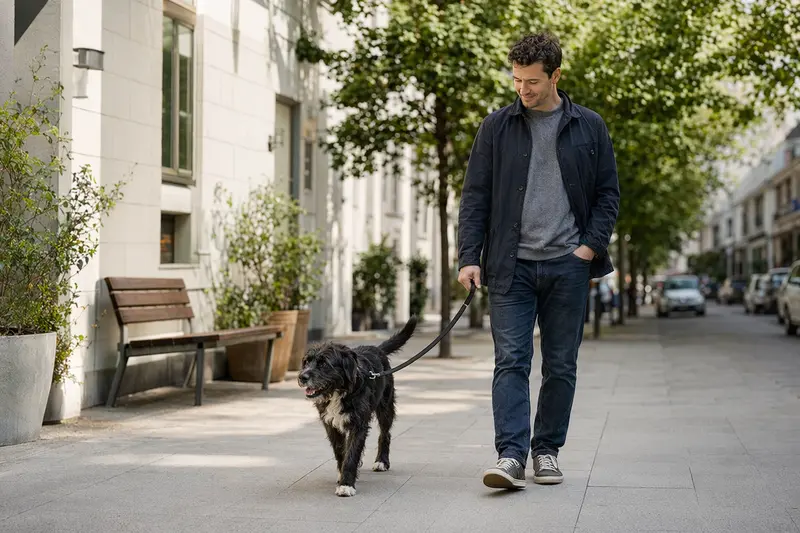 Ein Sort Dyrehund läuft angeleint mit seinem Besitzer durch eine moderne Stadtstraße.