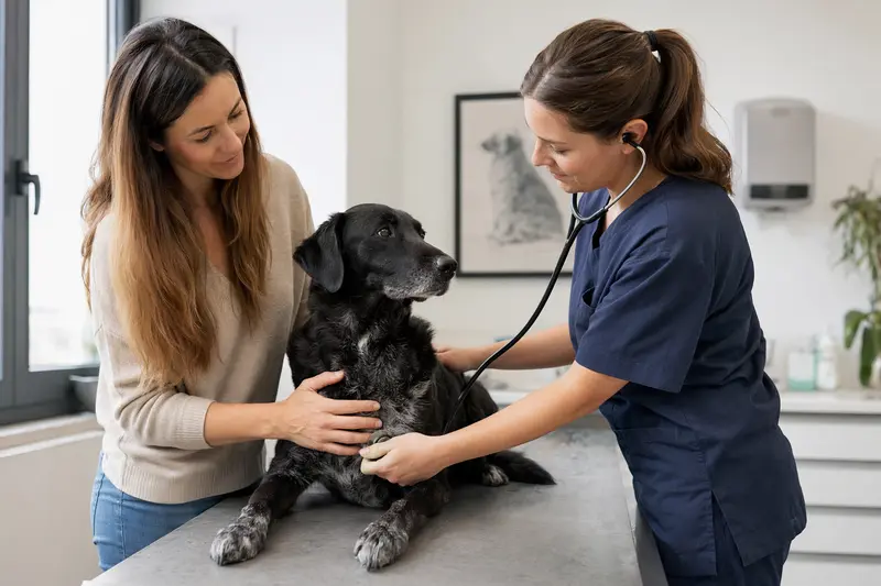Eine Tierärztin untersucht einen ruhigen Sort Dyrehund behutsam mit dem Stethoskop in einer modernen Tierarztpraxis, während der Besitzer beruhigend danebensteht.