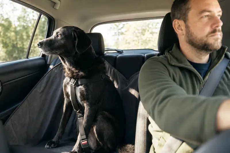 Ein Sort Dyrehund sitzt sicher angeschnallt auf der Rückbank eines Autos, während der Besitzer ruhig fährt, was verantwortungsvollen Hundetransport zeigt.