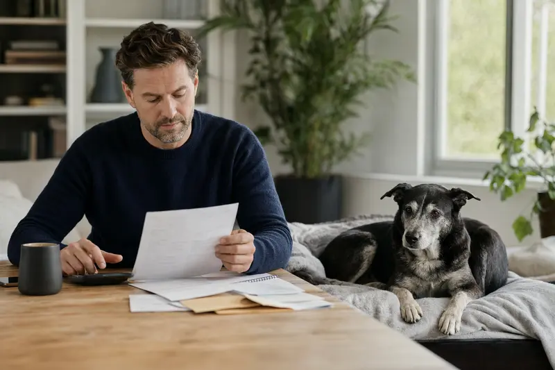 Ein Hundehalter sitzt ruhig am Tisch mit einer Tierarztrechnung, während ein entspannter Sort Dyrehund auf einer Decke daneben liegt.