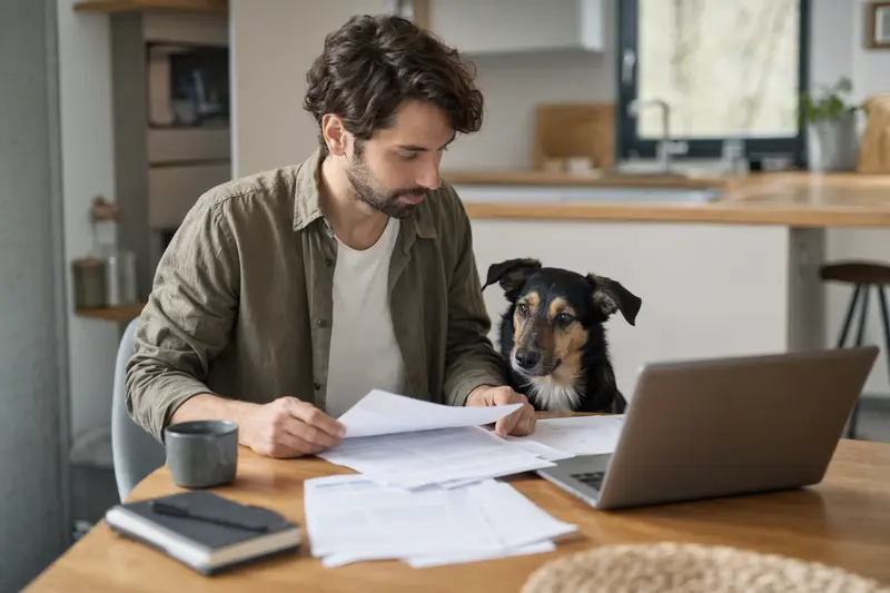 Ein Sort Dyrehund sitzt ruhig neben seinem Besitzer am Küchentisch, während Versicherungsunterlagen und ein Laptop mit Vergleichsseite auf eine Hundekrankenversicherung hinweisen.