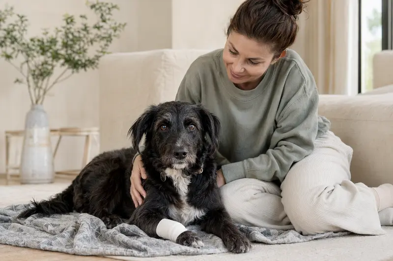 Ein Sort Dyrehund liegt mit leicht verbundenen Pfote ruhig auf einer Decke, während sein Besitzer neben ihm erleichtert sitzt.