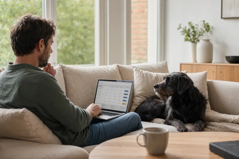 Ein Hund besieht sich liebevoll zu seinem Besitzer, der mit einem Laptop auf dem Sofa sitzt und einen Versicherungsvergleich durchführt.