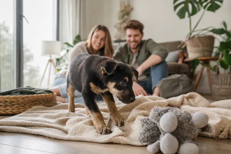 Neugieriger Sort Dyrehund Welpe entdeckt sein neues Zuhause in einer hellen Wohnung mit weicher Decke und Spielzeug.