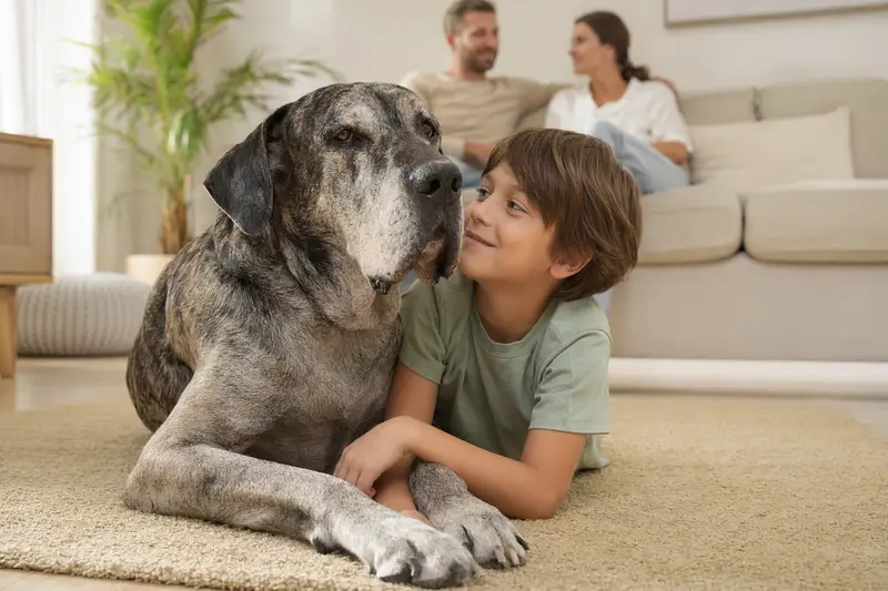 Eine freundliche Spanische Dogge liegt entspannt neben einem Kind im Wohnzimmer, während die Eltern im Hintergrund stehen und eine sichere Familienatmosphäre entsteht.