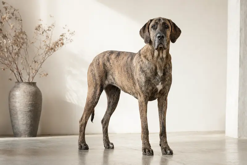 Aufmerksame Spanische Dogge im professionellen Tierportrait vor hellem, neutralem Hintergrund.